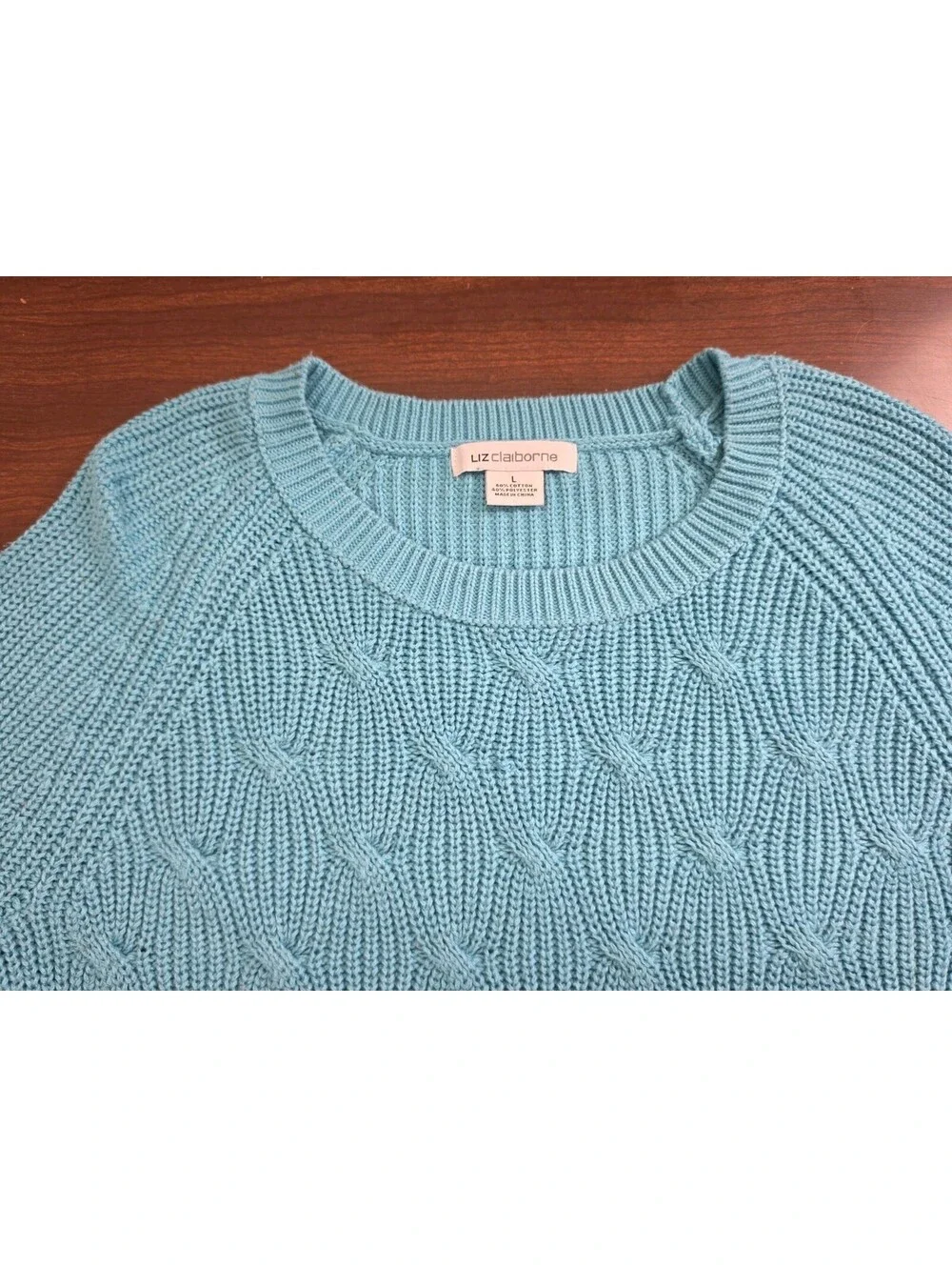 Liz Claiborne Large Turquoise Blue Cable Knit Cotton Blend Crewneck Sweater